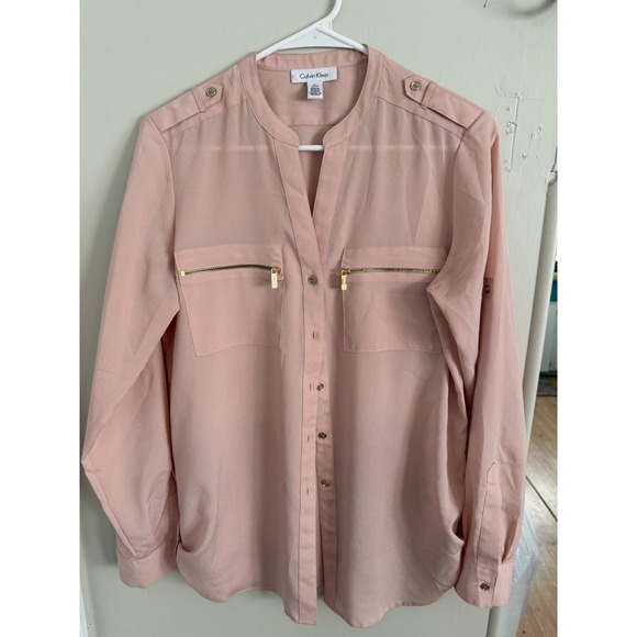 Calvin Klein Tops - Calvin Klein Womens Blush Pink Button Up Blouse Gold Zip Pockets Roll Tab Small